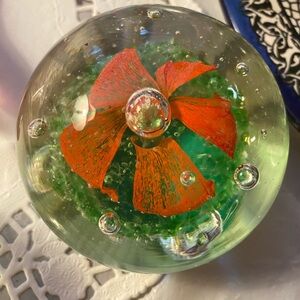 Vintage Art Glass Paperweight Orange Flower